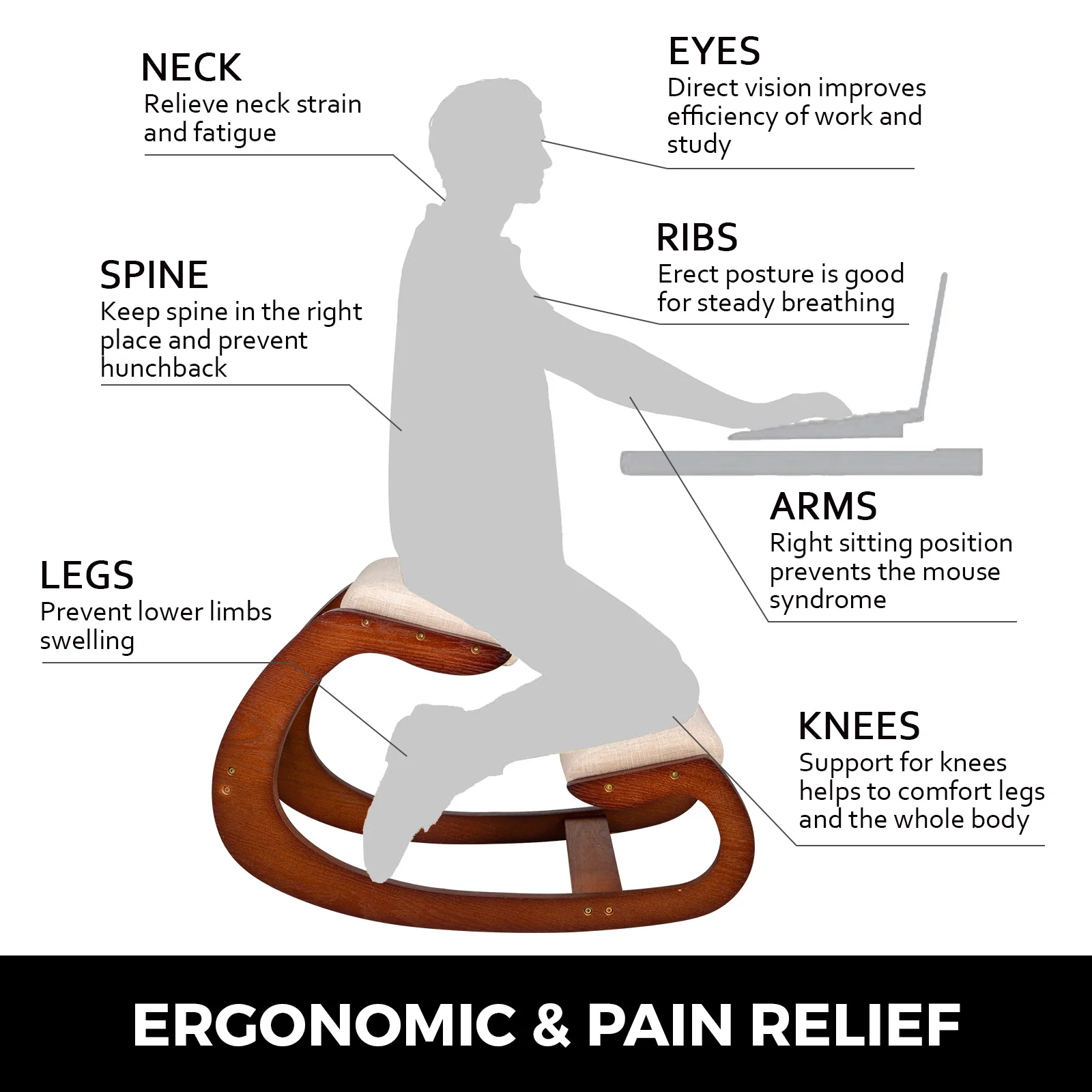 SucceBuy Ergonomic Rocking Wooden Kneeling Chair Correct Posture Computer Chair Original Home Office Furniture Thick Cushion