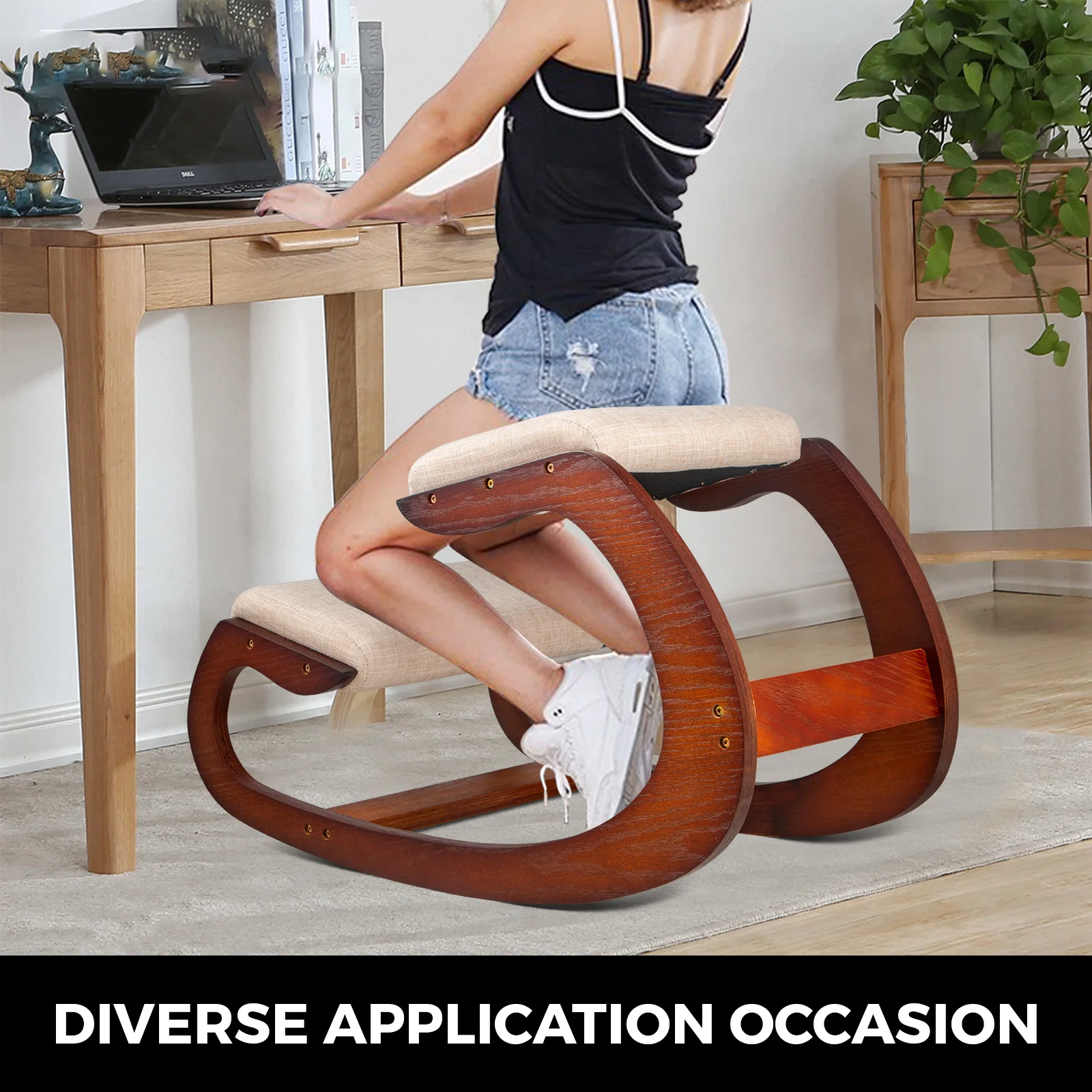 SucceBuy Ergonomic Rocking Wooden Kneeling Chair Correct Posture Computer Chair Original Home Office Furniture Thick Cushion