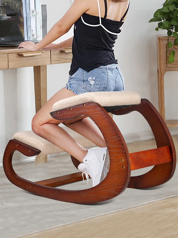 SucceBuy Ergonomic Rocking Wooden Kneeling Chair Correct Posture Computer Chair Original Home Office Furniture Thick Cushion