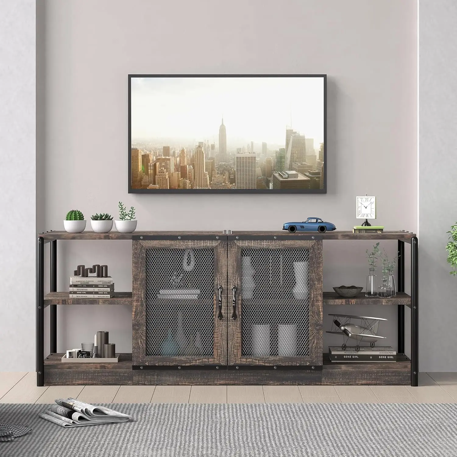 Farmhouse TV Stand for 65/75 Inches TV with Storage Cabinet and Mesh Doors TV Media Console Cabinet Living Room Table Furniture