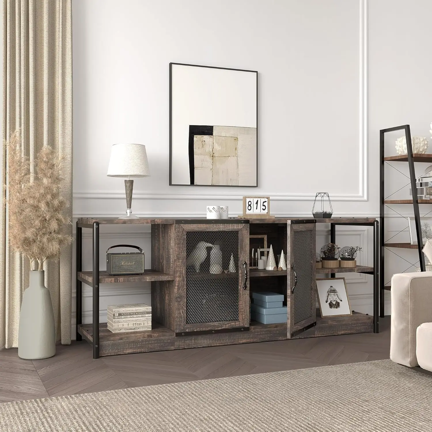Farmhouse TV Stand for 65/75 Inches TV with Storage Cabinet and Mesh Doors TV Media Console Cabinet Living Room Table Furniture