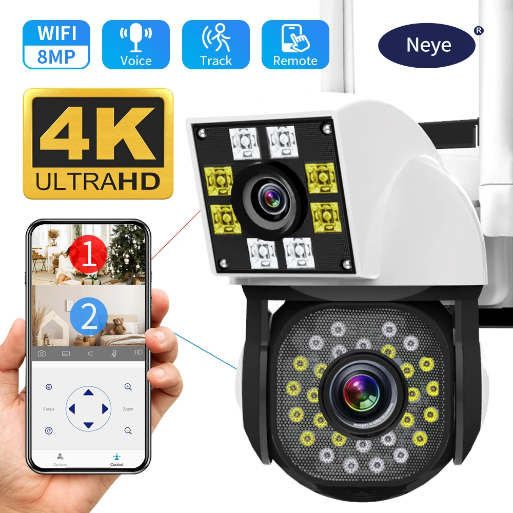 8MP 4K Pan Tilt WiFi Camera 1080P Dual Lens Dual Screen Outdoor Home Camera CCTV Security Dual Lens Wireless Camera Neye3c APP