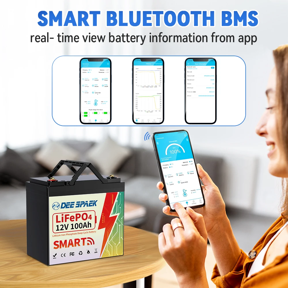 DEEPSPAEK 12V 100AH LiFePO4 Battery Pack With Bluetooth BMS 100A For Solar Boat RV Camping Solar Trolling Motor Bluetooth Batter