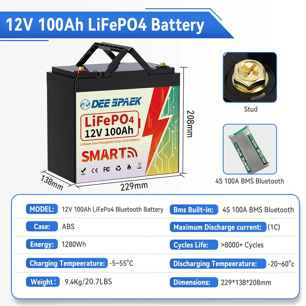 DEEPSPAEK 12V 100AH LiFePO4 Battery Pack With Bluetooth BMS 100A For Solar Boat RV Camping Solar Trolling Motor Bluetooth Batter