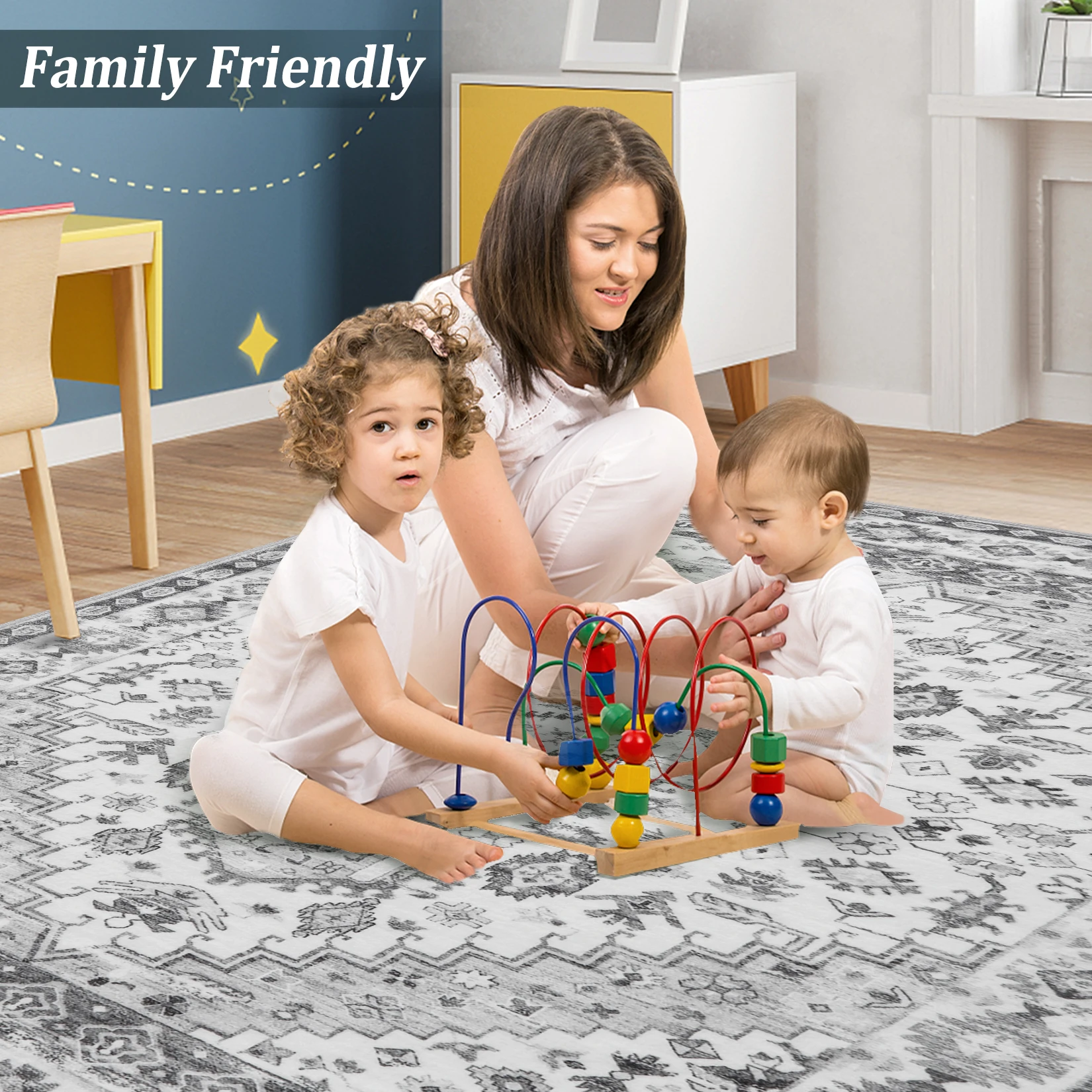 2x2.9m Vintage Large Area Rug Non-Slip Non-Shedding Indoor Floor Mat Low Pile Thin Rugs for Bedroom Living Room Home Decor
