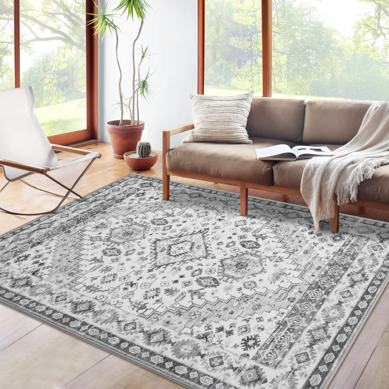 2x2.9m Vintage Large Area Rug Non-Slip Non-Shedding Indoor Floor Mat Low Pile Thin Rugs for Bedroom Living Room Home Decor