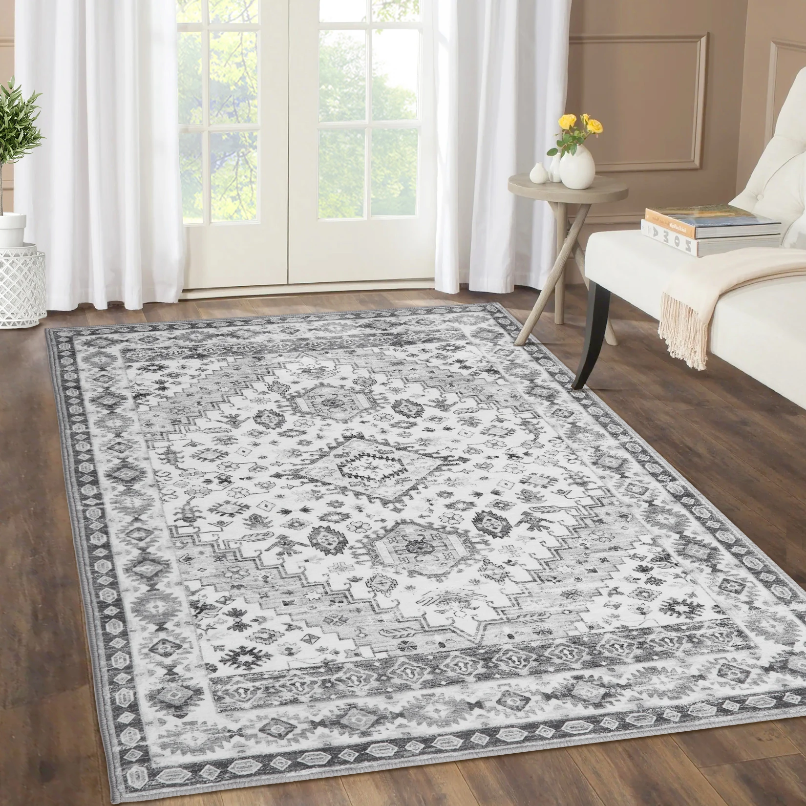2x2.9m Vintage Large Area Rug Non-Slip Non-Shedding Indoor Floor Mat Low Pile Thin Rugs for Bedroom Living Room Home Decor