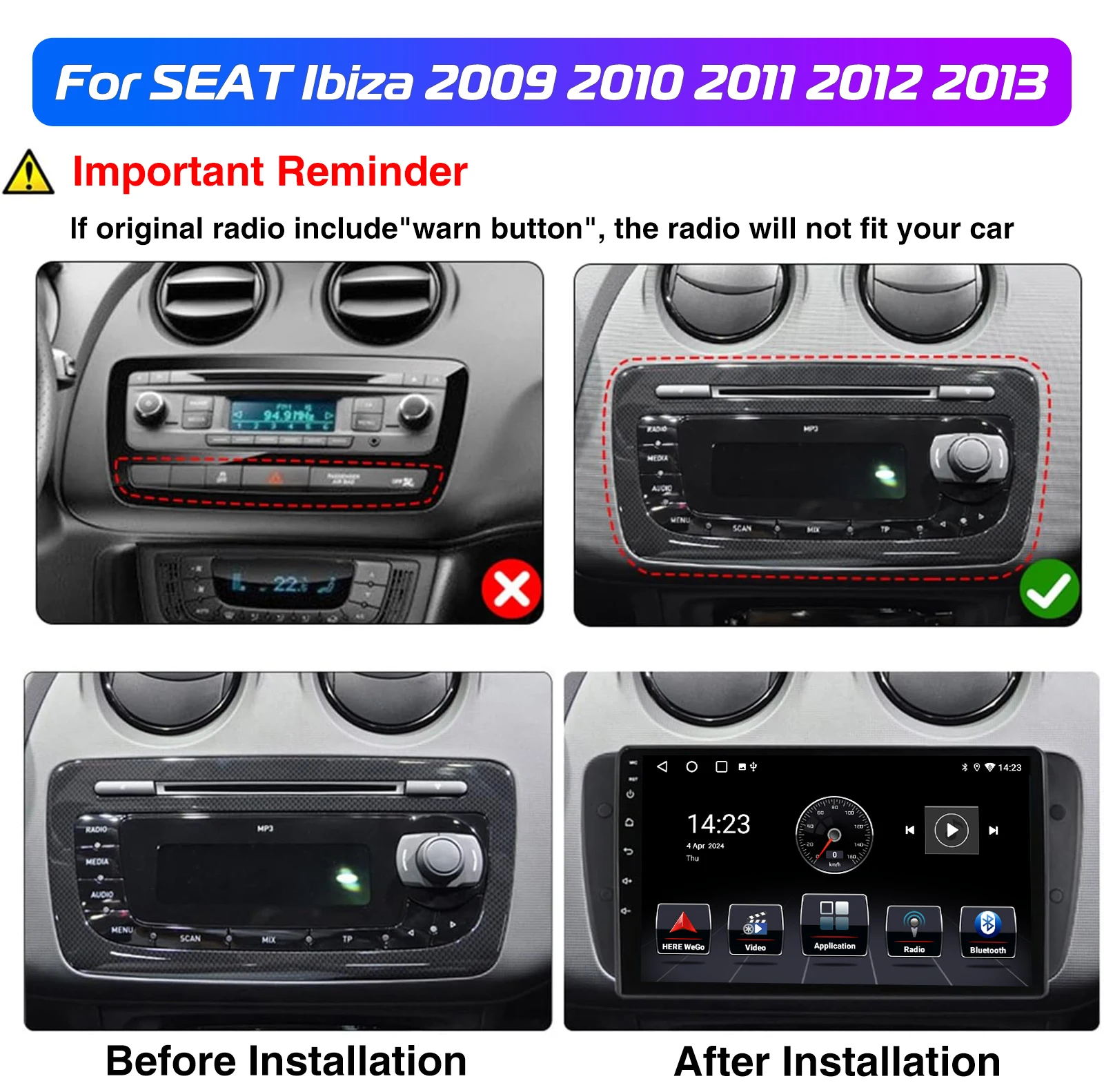 ESSGOO 9inch 32G/64G Android 14 For Seat Ibiza 6J 2009-13 Autoradio GPS Navigtaion BT FM RDS Wifi Wireless Carplay Android Auto