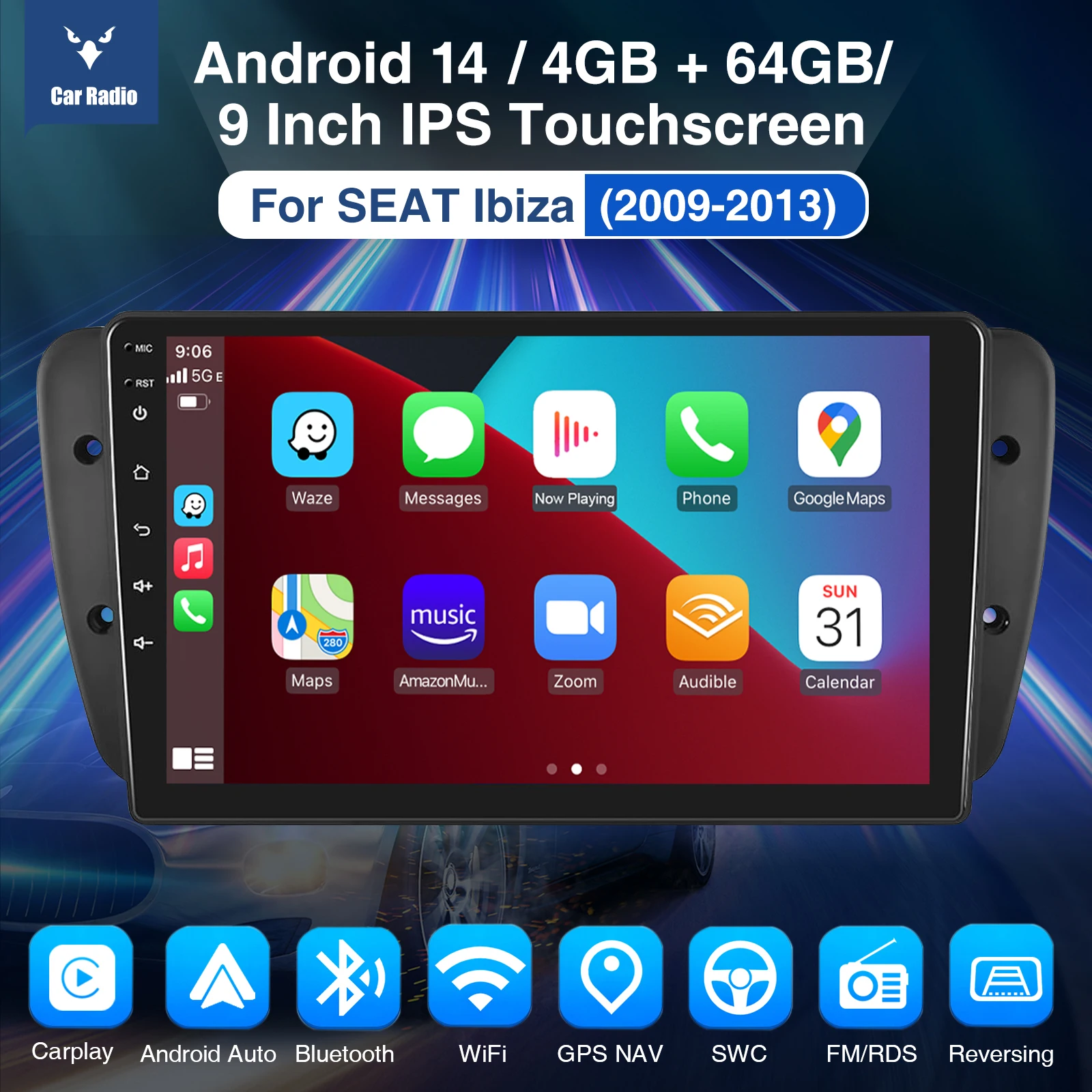 ESSGOO 9inch 32G/64G Android 14 For Seat Ibiza 6J 2009-13 Autoradio GPS Navigtaion BT FM RDS Wifi Wireless Carplay Android Auto