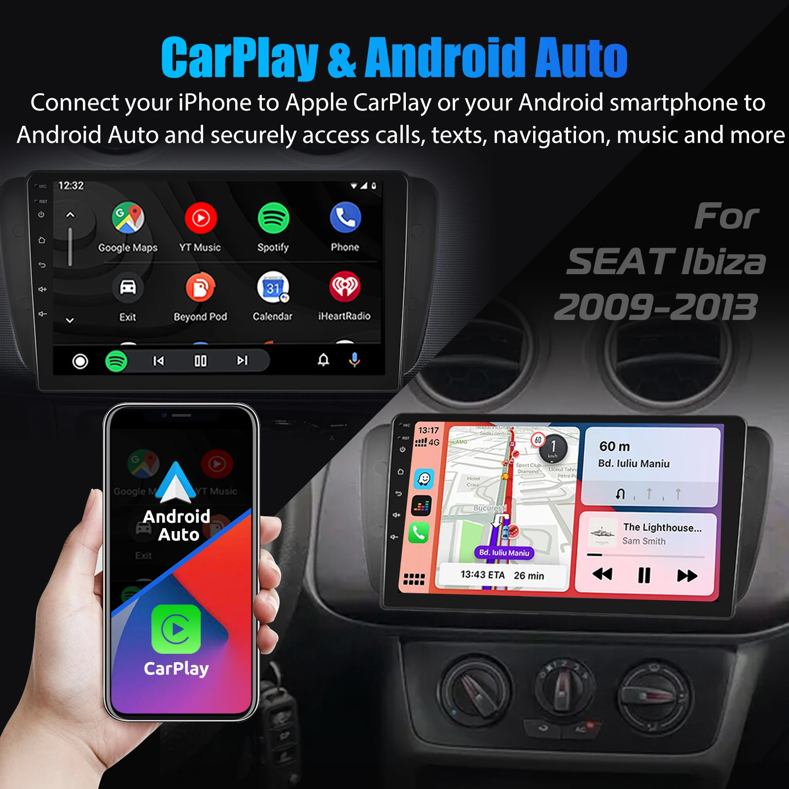 ESSGOO 9inch 32G/64G Android 14 For Seat Ibiza 6J 2009-13 Autoradio GPS Navigtaion BT FM RDS Wifi Wireless Carplay Android Auto