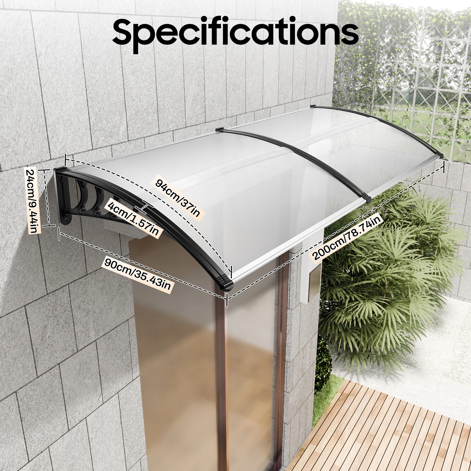 200x90cm Outdoor Canopy Heavy-duty Rainproof Door Canopy for Patio Yard Garden Doors and Windows Isolate Ultraviolet Rays