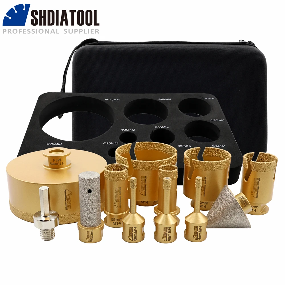 SHDIATOOL 12Pcs Diamond Drill Bits Set 6-110mm Hole Saw+20mm Milling Bits+50mm Bevelling Chamfer+Hex Adapter M14 Tile Tool Kit