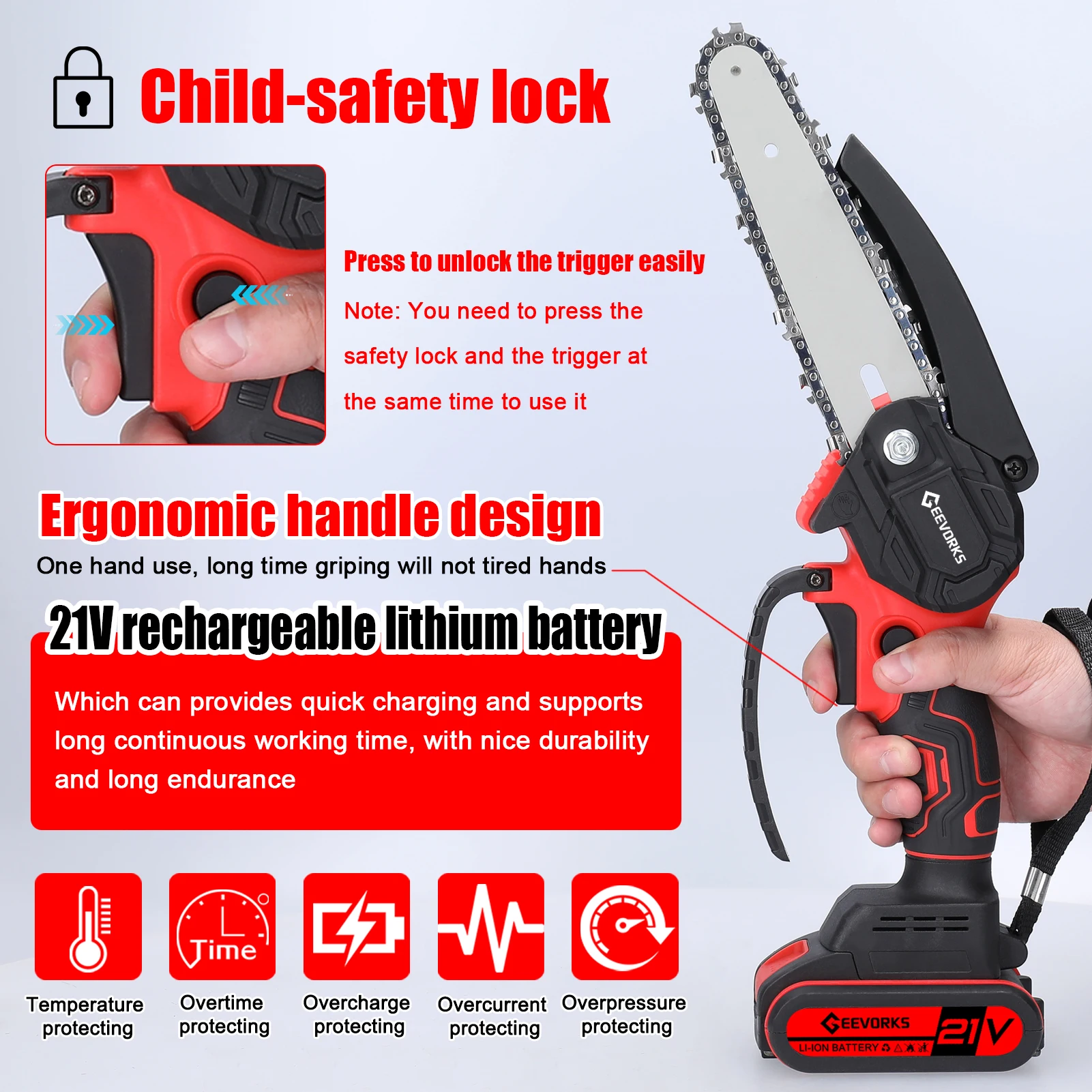 21V 6inch Portable Electric Chainsaw and 25mm Cordless Pruning Shear Set Wood Splitting Cutting Machine Kit Woodworking Tool