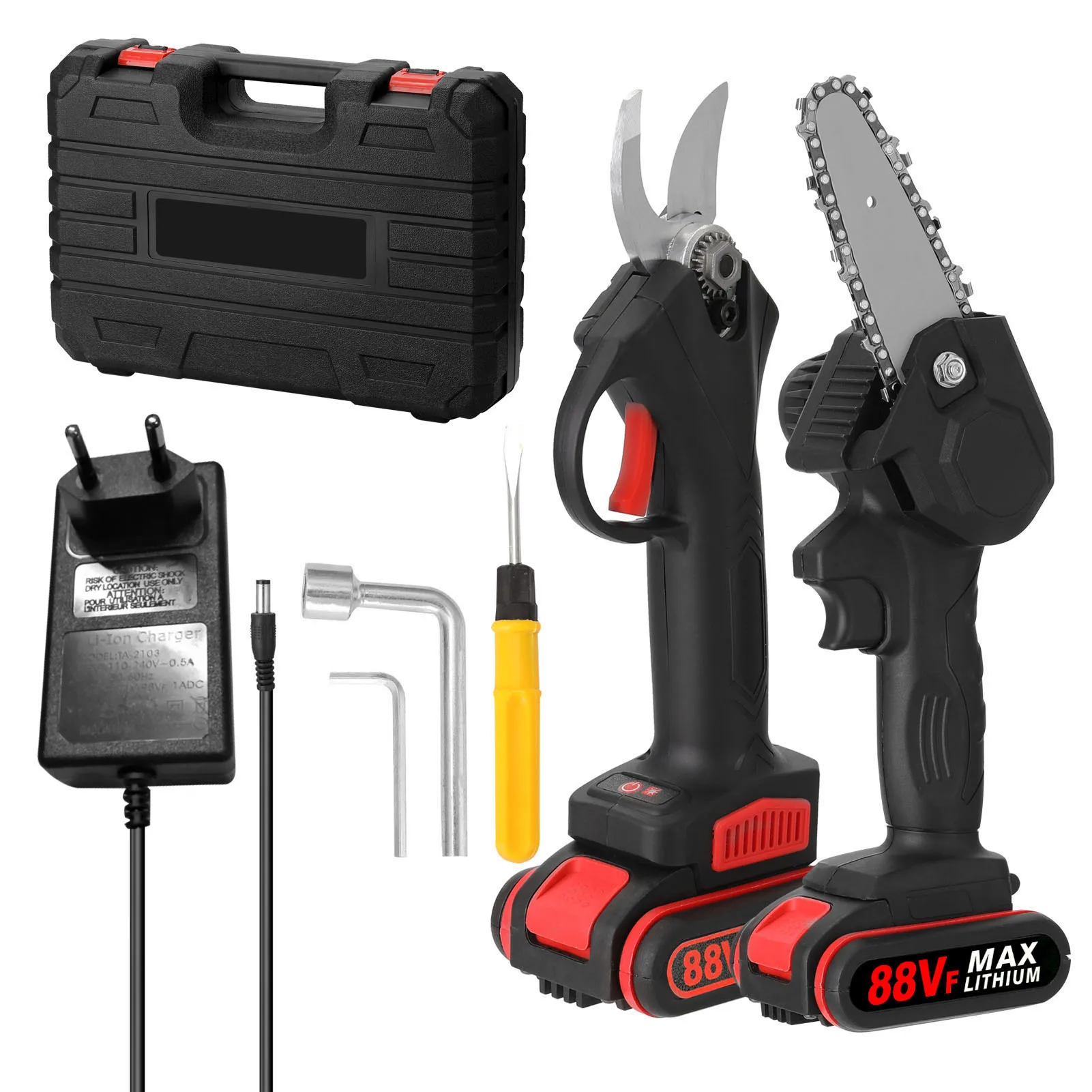 21V 6inch Portable Electric Chainsaw and 25mm Cordless Pruning Shear Set Wood Splitting Cutting Machine Kit Woodworking Tool