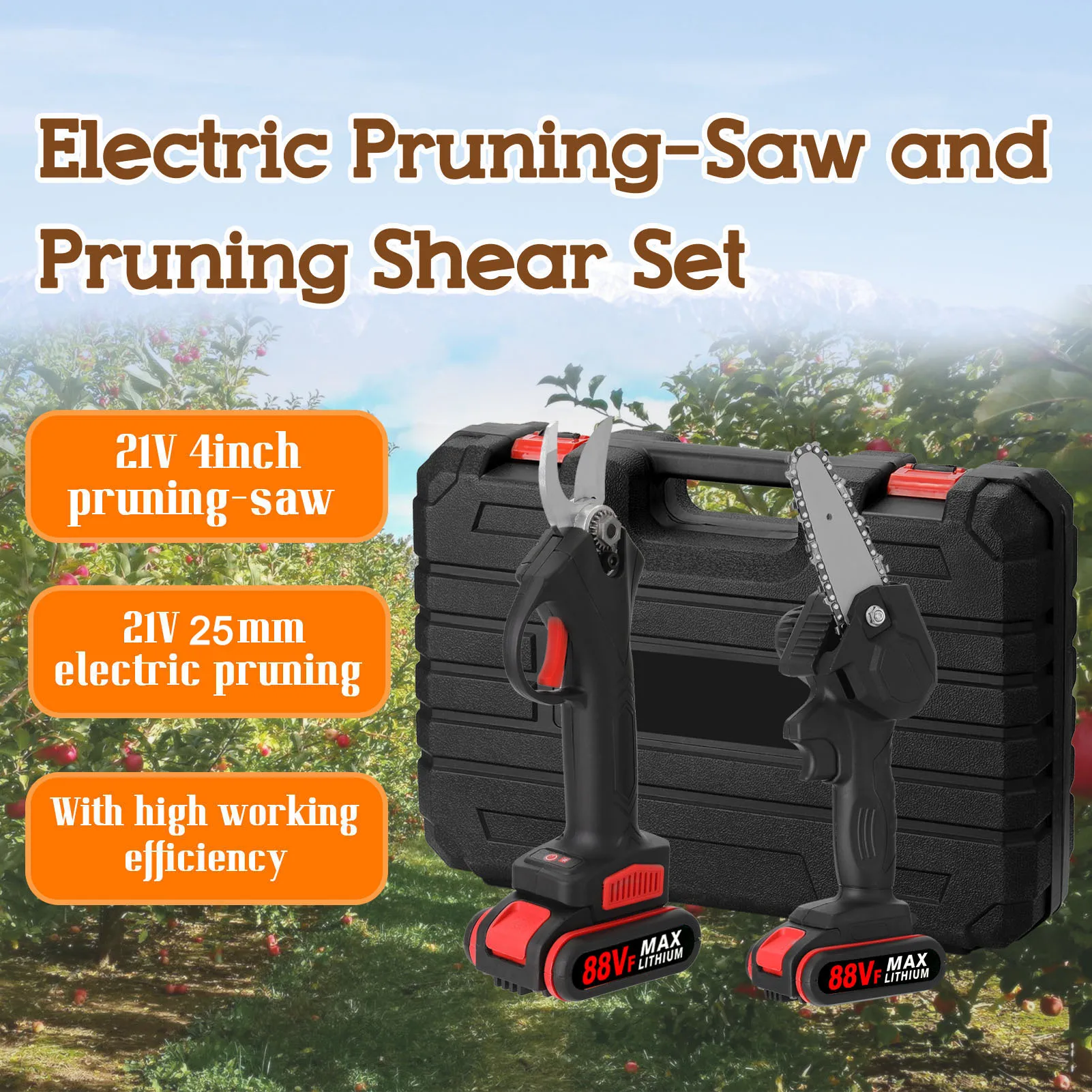 21V 6inch Portable Electric Chainsaw and 25mm Cordless Pruning Shear Set Wood Splitting Cutting Machine Kit Woodworking Tool