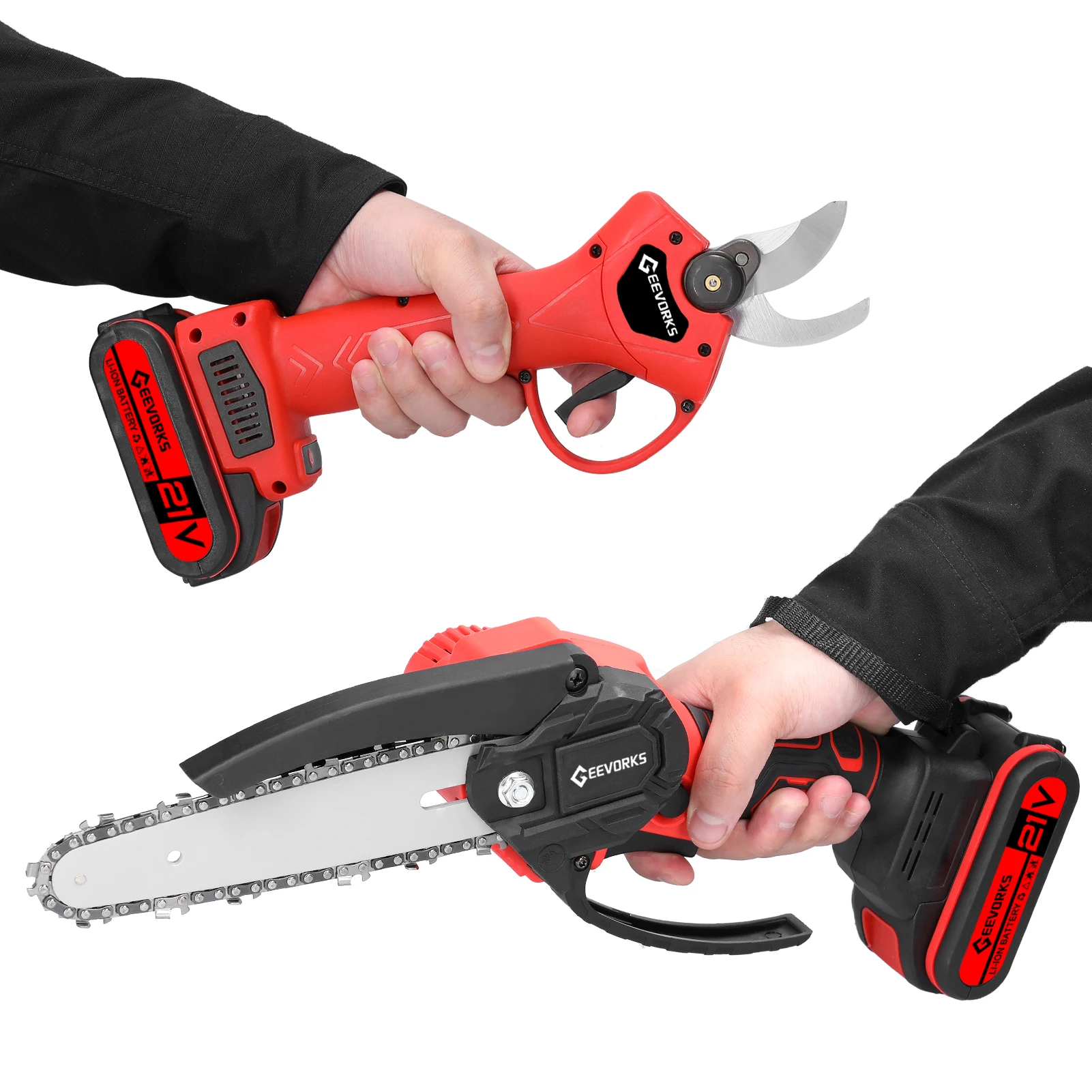 21V 6inch Portable Electric Chainsaw and 25mm Cordless Pruning Shear Set Wood Splitting Cutting Machine Kit Woodworking Tool