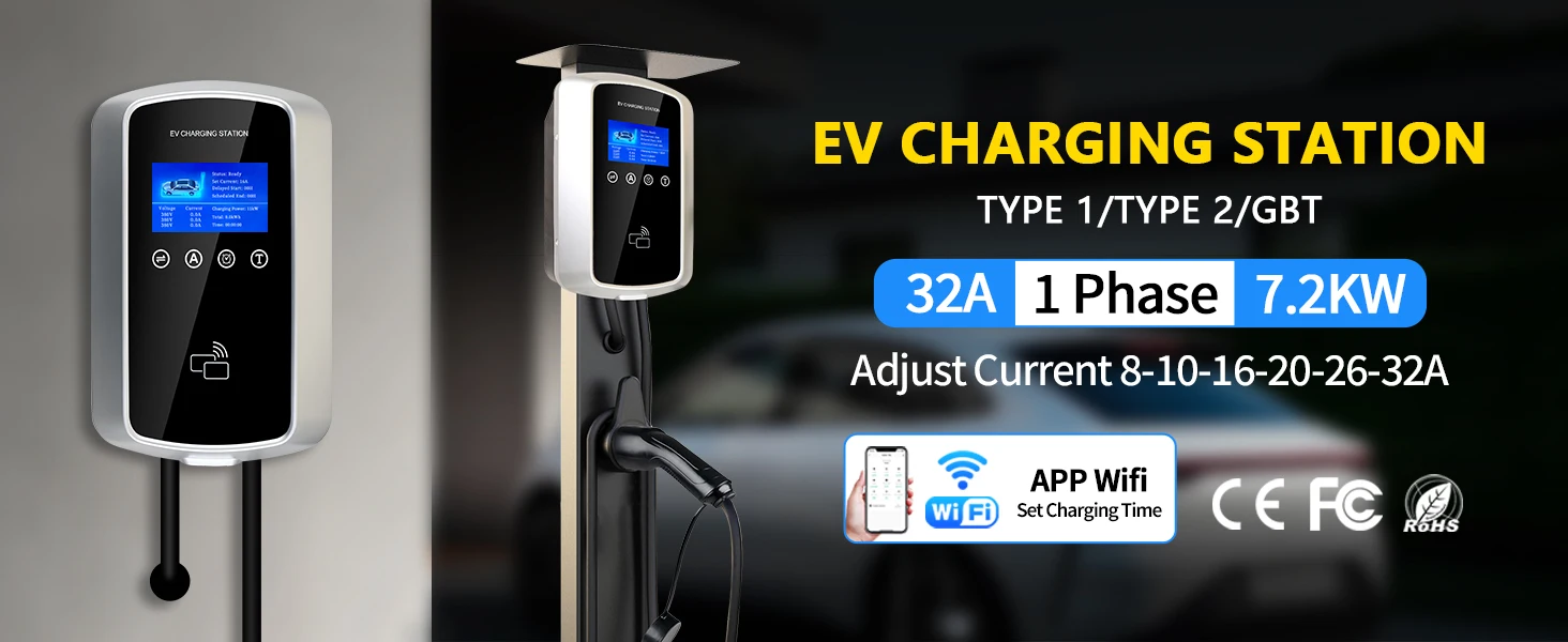 Kolanky EV Charger 32A 7.2KW Electric Vehicle Car Charger EVSE Wallbox 11KW 22KW 3P Type2 Cable IEC62196-2 Socket APP Control