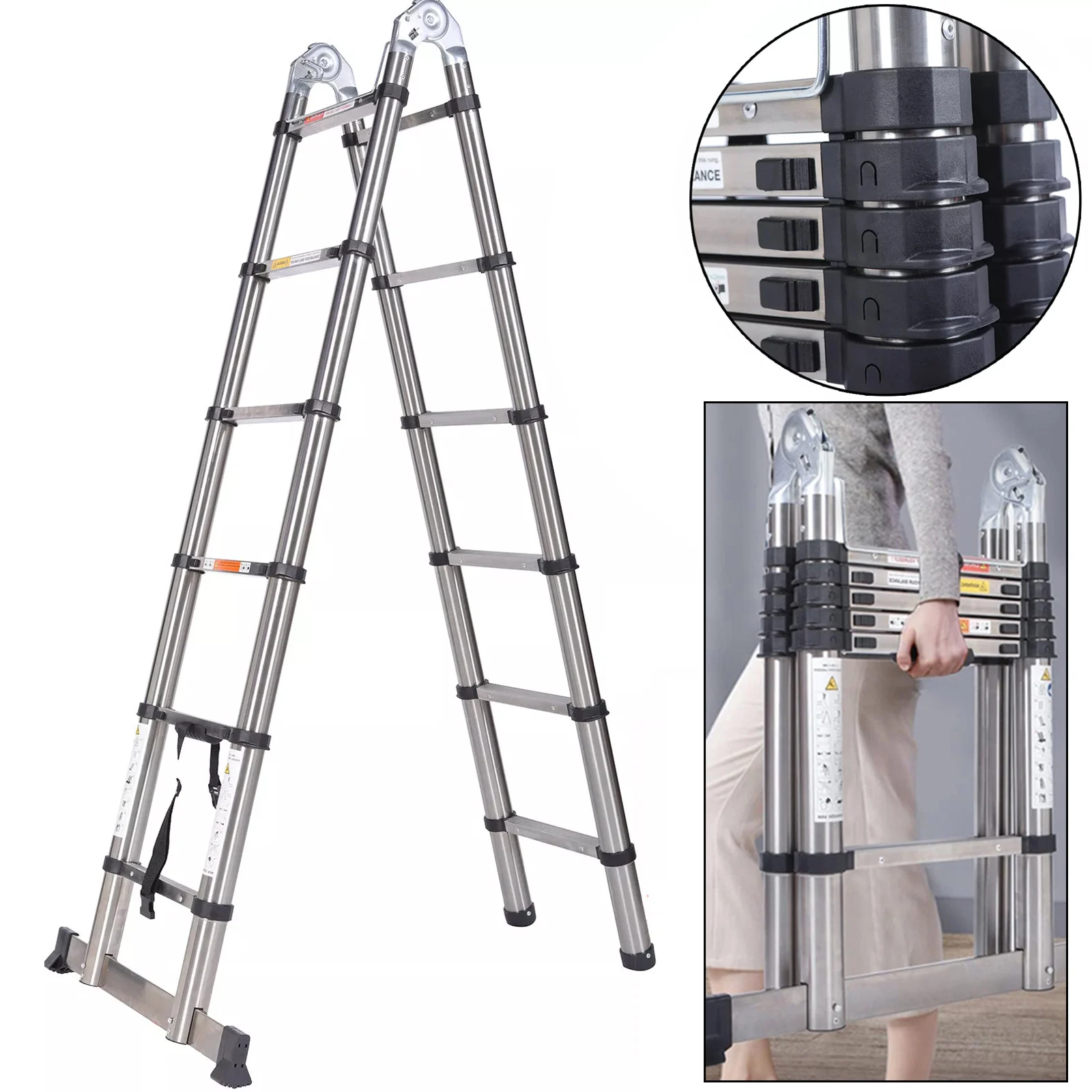 DayPlus 12.5 FT Folding Steel Telescopic Ladder 1.9M+1.9M Multi Purpose A-Frame Heavy Duty Loft Ladder with Stabilizer Home Tool
