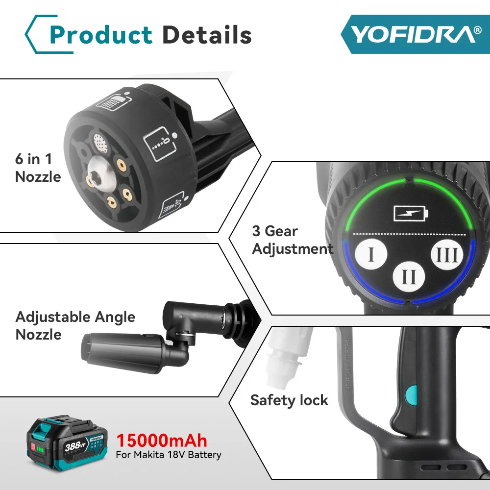 YOFIDRA 6 IN1 High Pressure Car Water Spray Gun 200Bar Cordless Garden Washing Machine Cleaner Power Tool For Makita Battery Pin
