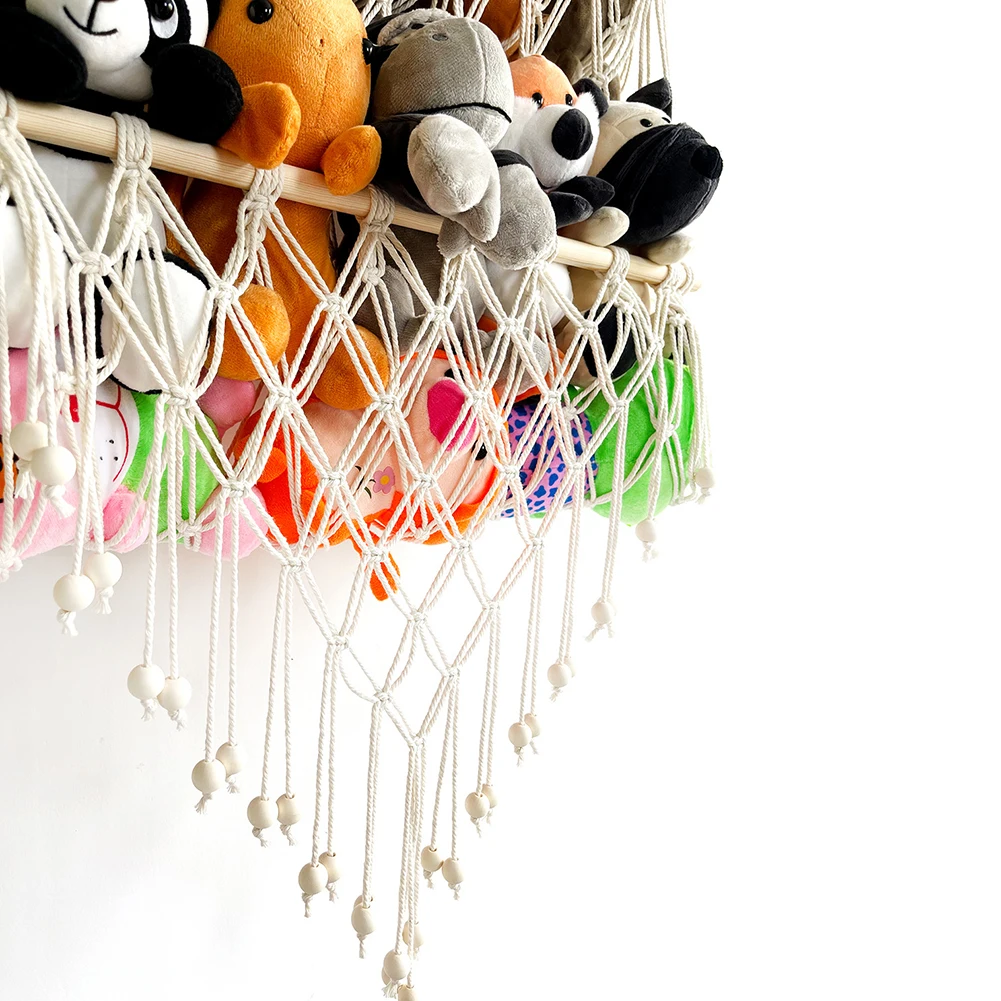 Stuffed Animal Storage Hammock 2-layer Wood Plush Toys Holder Hanging Storage Rack Home Organizer For Nursery Play Room Bedroom