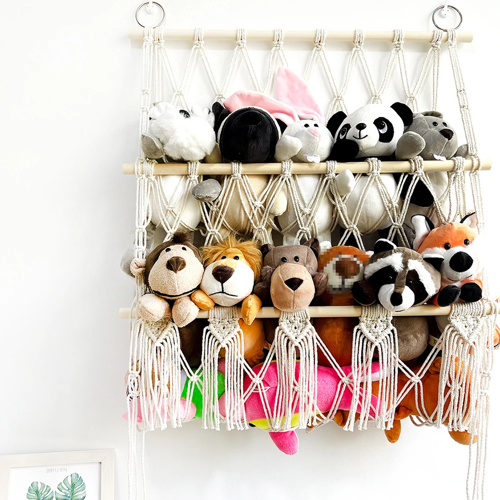 Stuffed Animal Storage Hammock 2-layer Wood Plush Toys Holder Hanging Storage Rack Home Organizer For Nursery Play Room Bedroom
