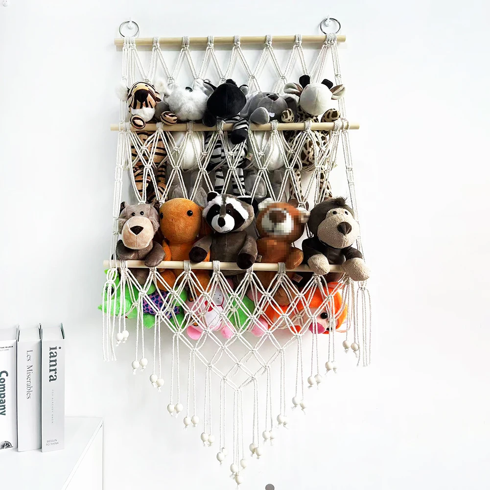 Stuffed Animal Storage Hammock 2-layer Wood Plush Toys Holder Hanging Storage Rack Home Organizer For Nursery Play Room Bedroom