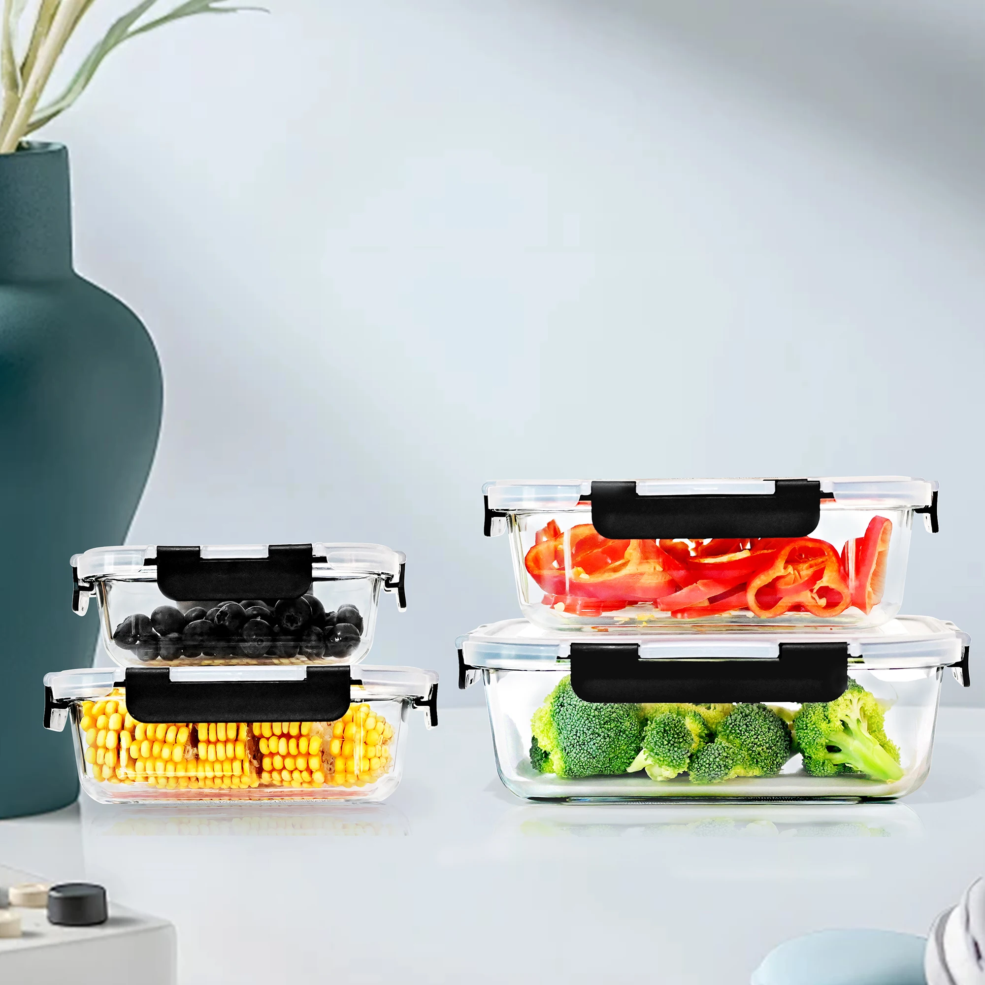 SIAZIH Glass Food Storage Container Set with Lids, 370/640/1040/1520ml, Dishwasher, Microwave, Freezer Safe, Leakproof, BPA Free