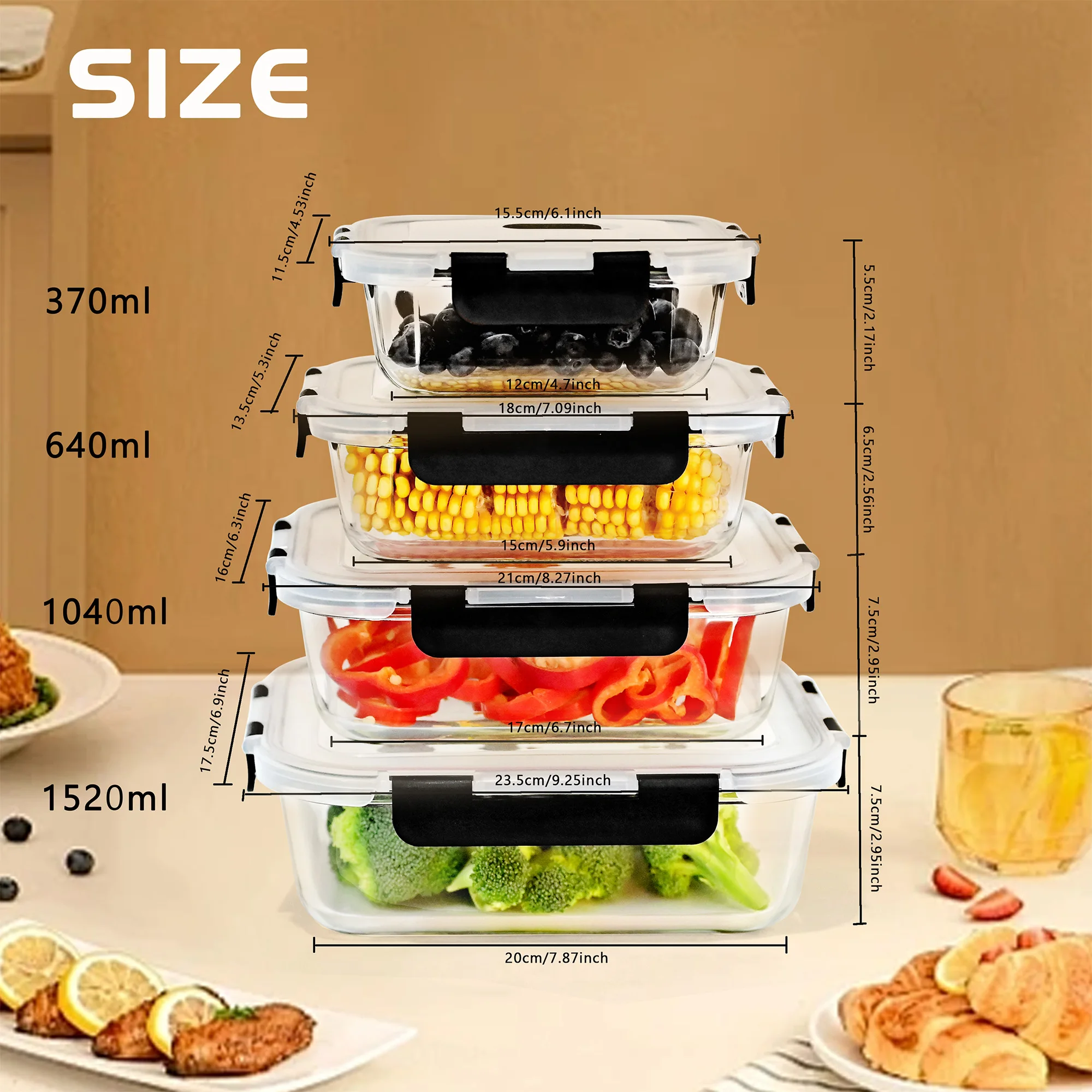 SIAZIH Glass Food Storage Container Set with Lids, 370/640/1040/1520ml, Dishwasher, Microwave, Freezer Safe, Leakproof, BPA Free