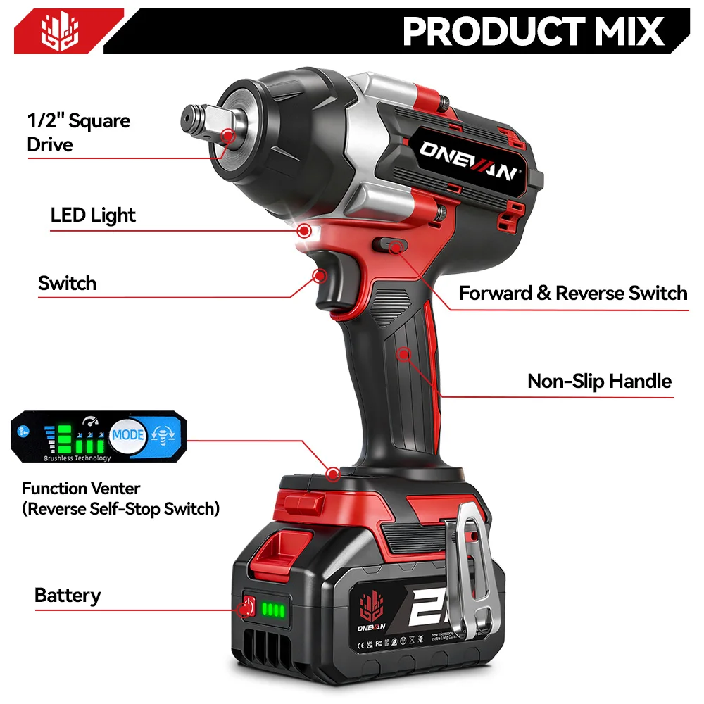 ONEVAN 1/2 Inch 1800N.M Brushless Electric Impact Wrench Cordless Screwdriver Gun Car Repair Power Tool For Makita Battery Pin