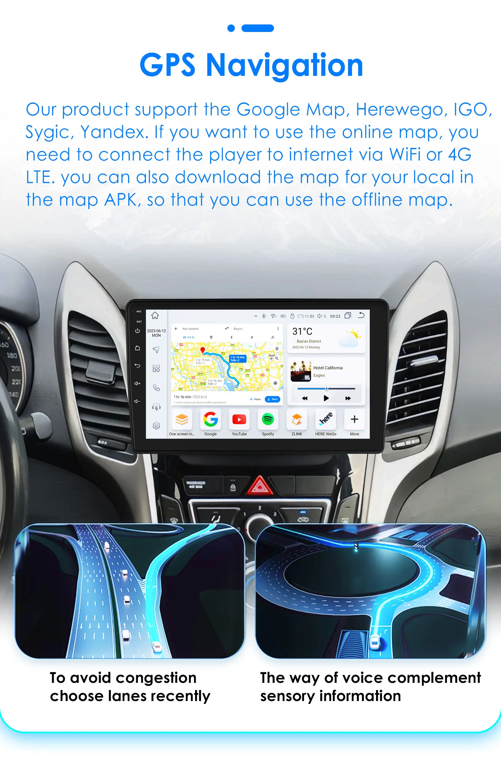 Hizpo 2Din 9inch Android Auto Car Radio for Hyundai i30 Elantra GT 2011- 2017 Navigation GPS DSP RDS BT 4G SWC CarPlay