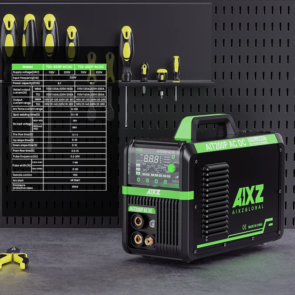 AIXZ 200 Amps 5 in 1 Aluminum Welding Machine AIT200P AC DC Pulse HF TIG Welder IGBT Inverter Hot Start Arc Force Anti-Stick 2T/4T Multifunction Home DIY Welders for Stainless Steels Aluminum Copper