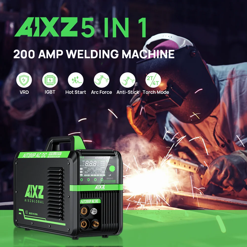 AIXZ 200 Amps 5 in 1 Aluminum Welding Machine AIT200P AC DC Pulse HF TIG Welder IGBT Inverter Hot Start Arc Force Anti-Stick 2T/4T Multifunction Home DIY Welders for Stainless Steels Aluminum Copper