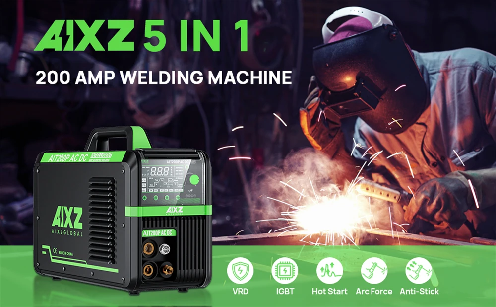 AIXZ 200 Amps 5 in 1 Aluminum Welding Machine AIT200P AC DC Pulse HF TIG Welder IGBT Inverter Hot Start Arc Force Anti-Stick 2T/4T Multifunction Home DIY Welders for Stainless Steels Aluminum Copper