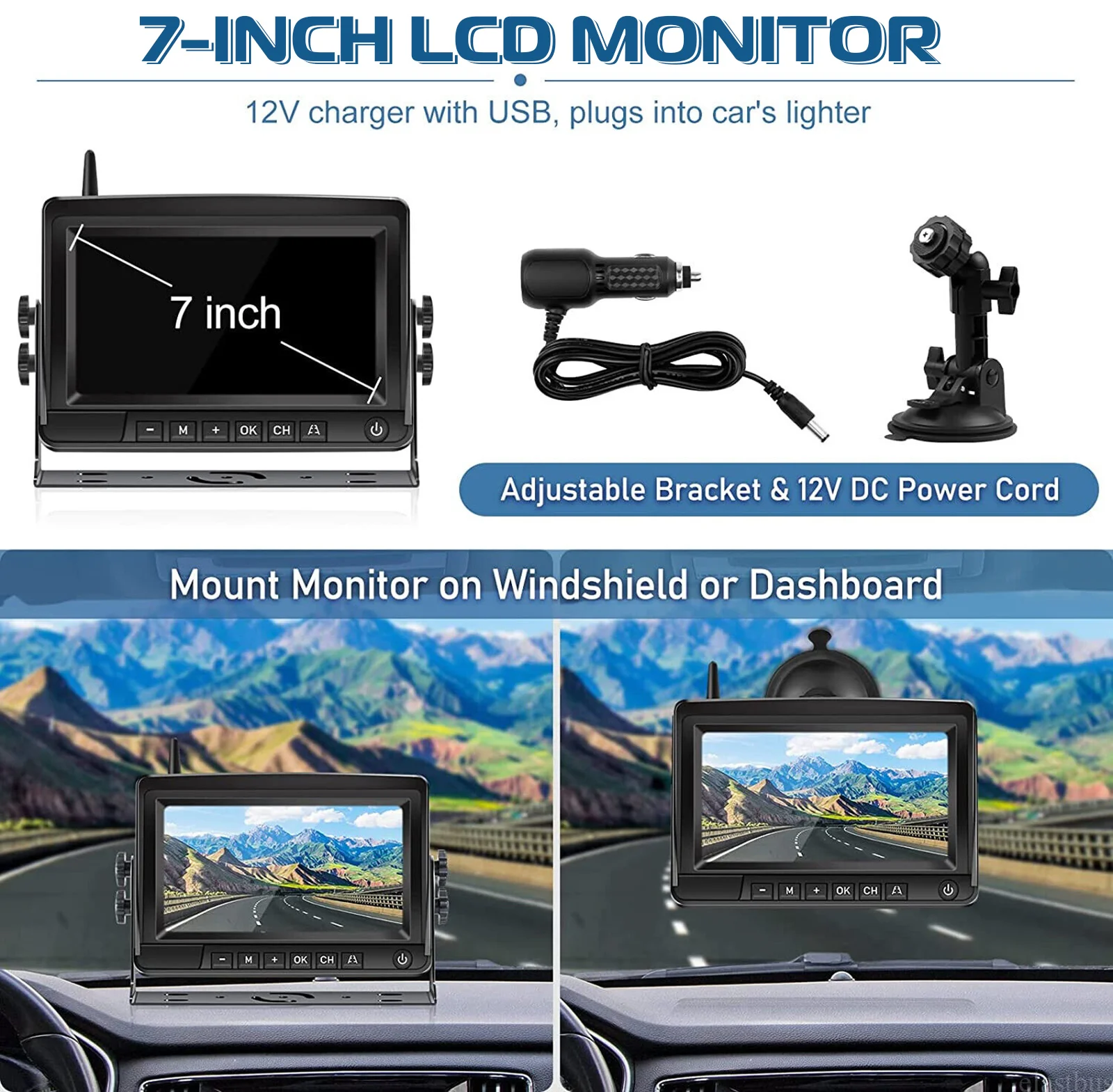 ESSGOO 7" 1080P IPS DVR Monitor Solar Powered Wireless Rear View Reverse Camera Magnetic Base For Vans Trailer RV Truck Car