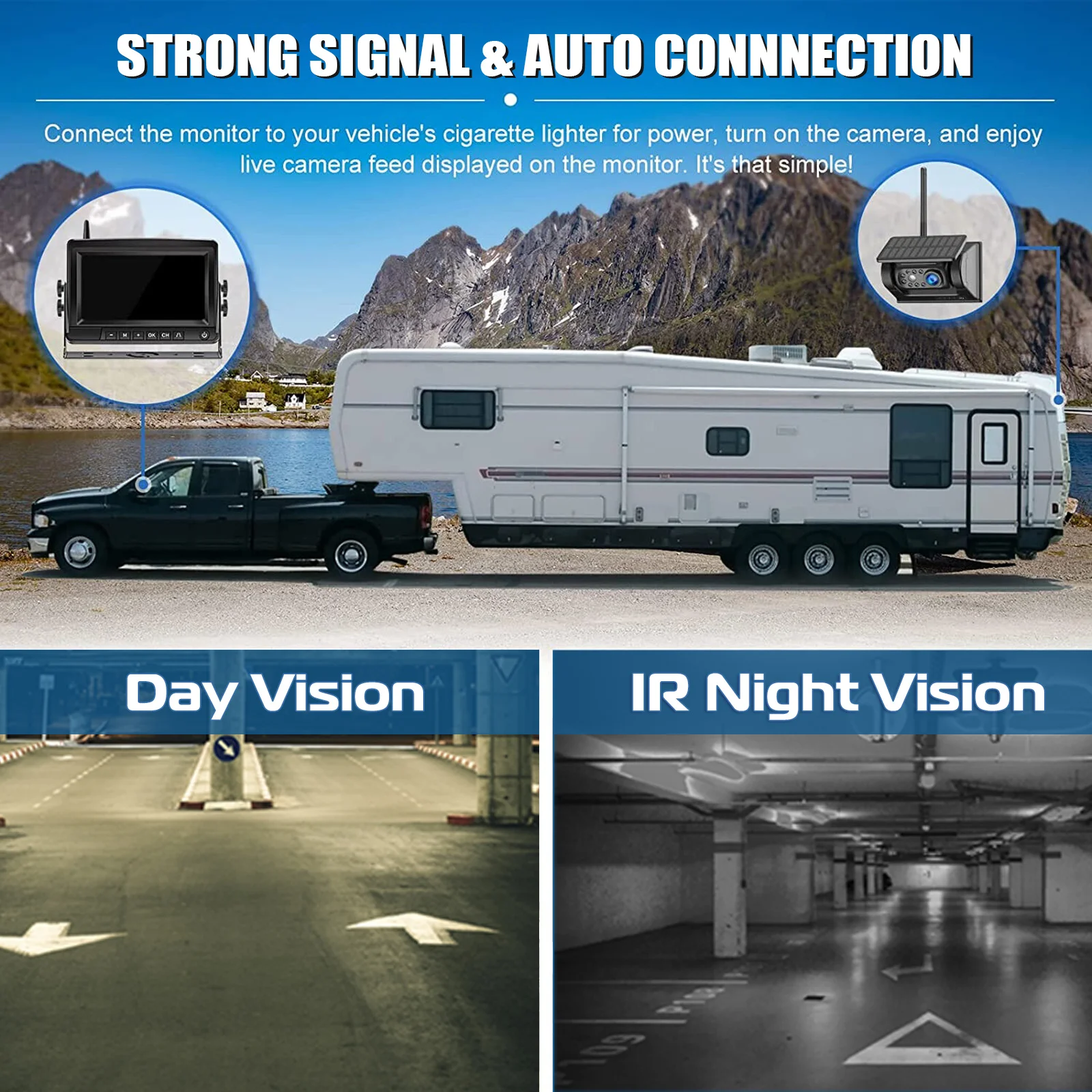 ESSGOO 7" 1080P IPS DVR Monitor Solar Powered Wireless Rear View Reverse Camera Magnetic Base For Vans Trailer RV Truck Car