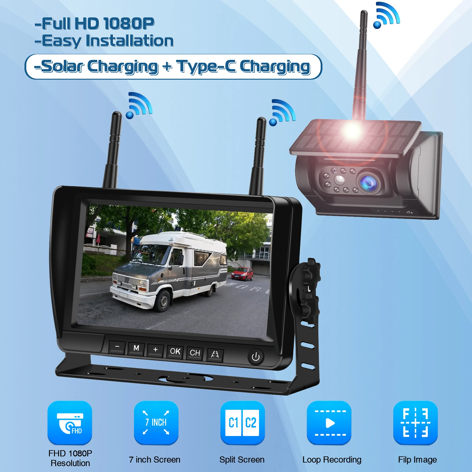 ESSGOO 7" 1080P IPS DVR Monitor Solar Powered Wireless Rear View Reverse Camera Magnetic Base For Vans Trailer RV Truck Car