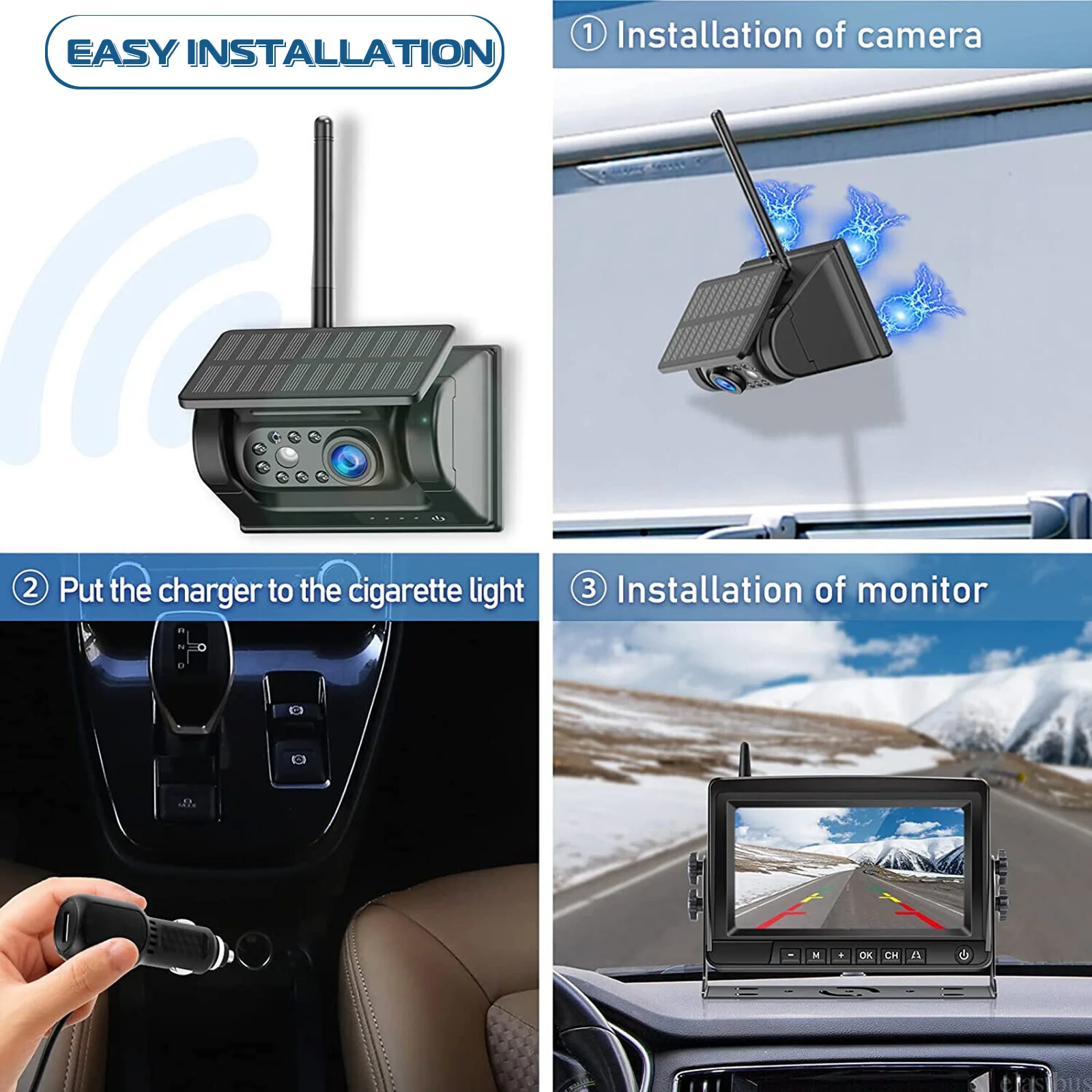ESSGOO 7" 1080P IPS DVR Monitor Solar Powered Wireless Rear View Reverse Camera Magnetic Base For Vans Trailer RV Truck Car