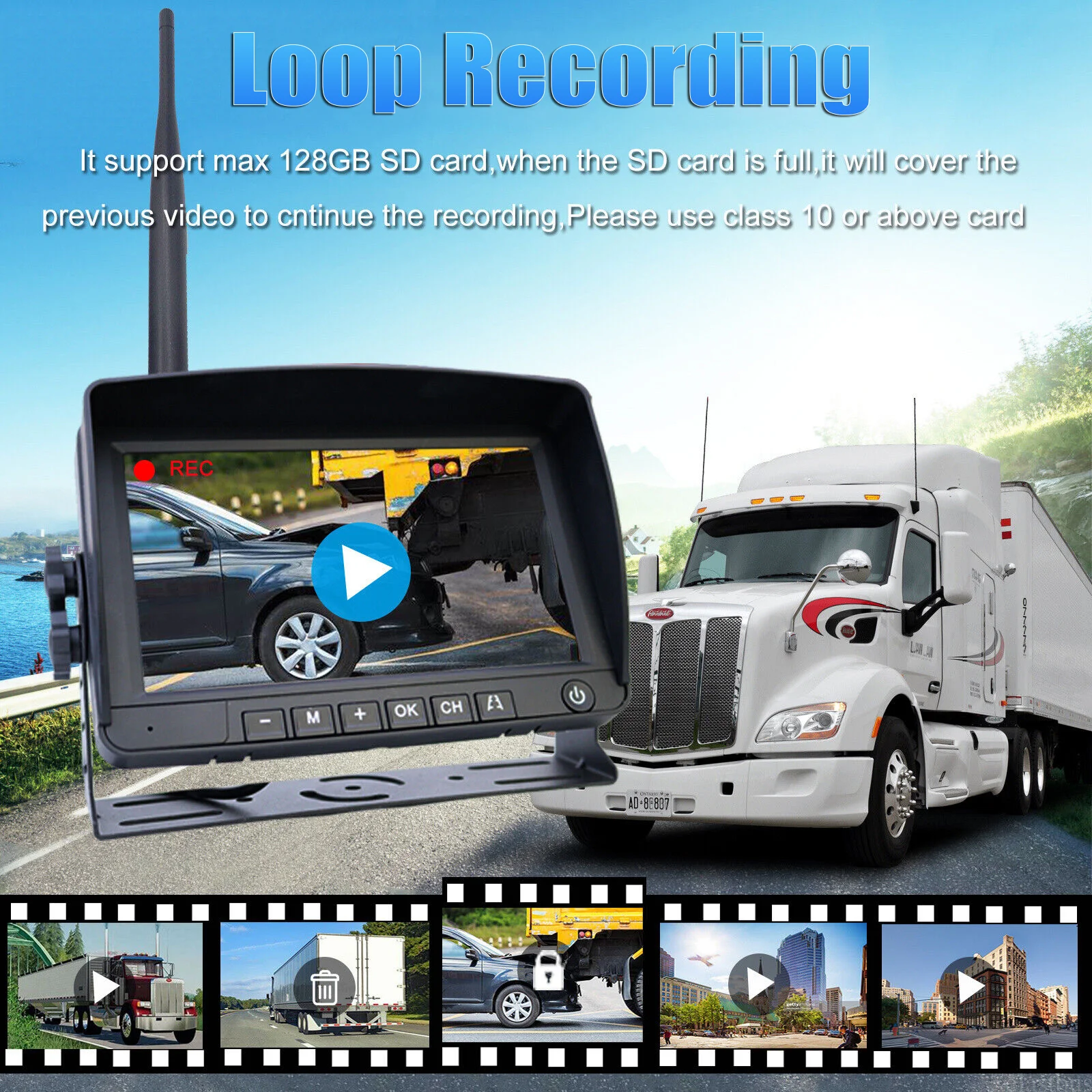 ESSGOO 7" 1080P IPS DVR Monitor Solar Powered Wireless Rear View Reverse Camera Magnetic Base For Vans Trailer RV Truck Car