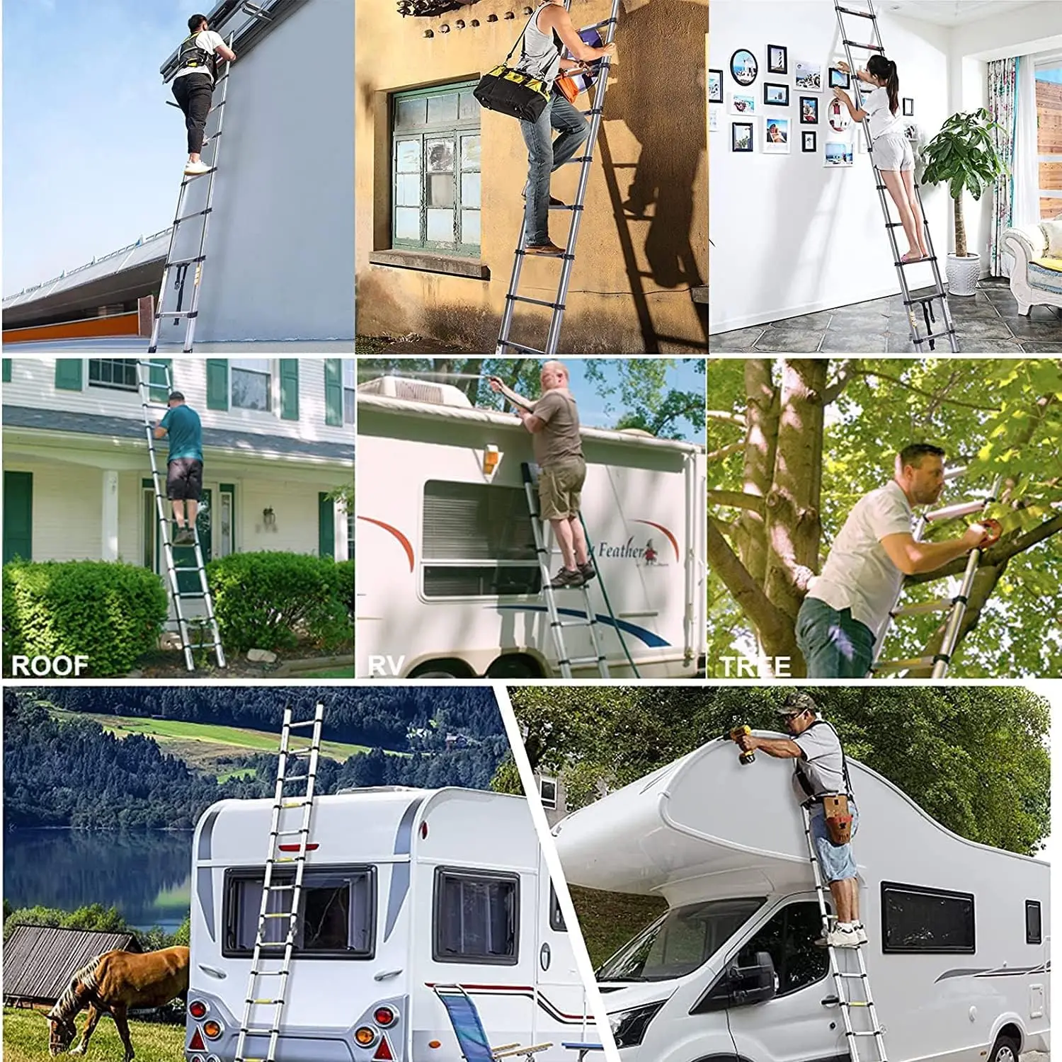 4.4M/14.4FT Telescopic Ladder with Hooks,Attic Ladders Stainless Steel 14 Steps, 330LBS Load, Muilti-Purpose Foldable&Extendable