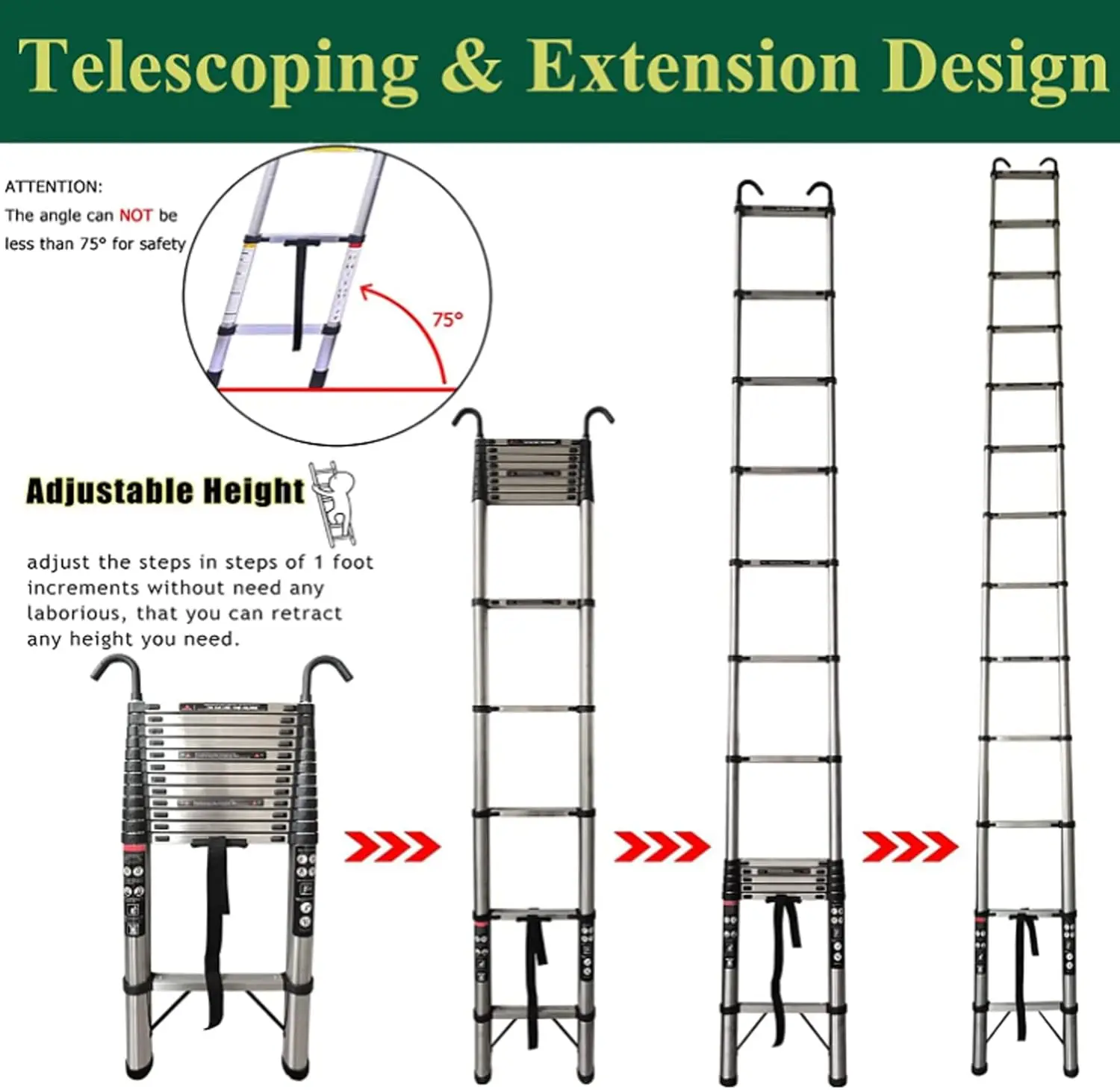 4.4M/14.4FT Telescopic Ladder with Hooks,Attic Ladders Stainless Steel 14 Steps, 330LBS Load, Muilti-Purpose Foldable&Extendable