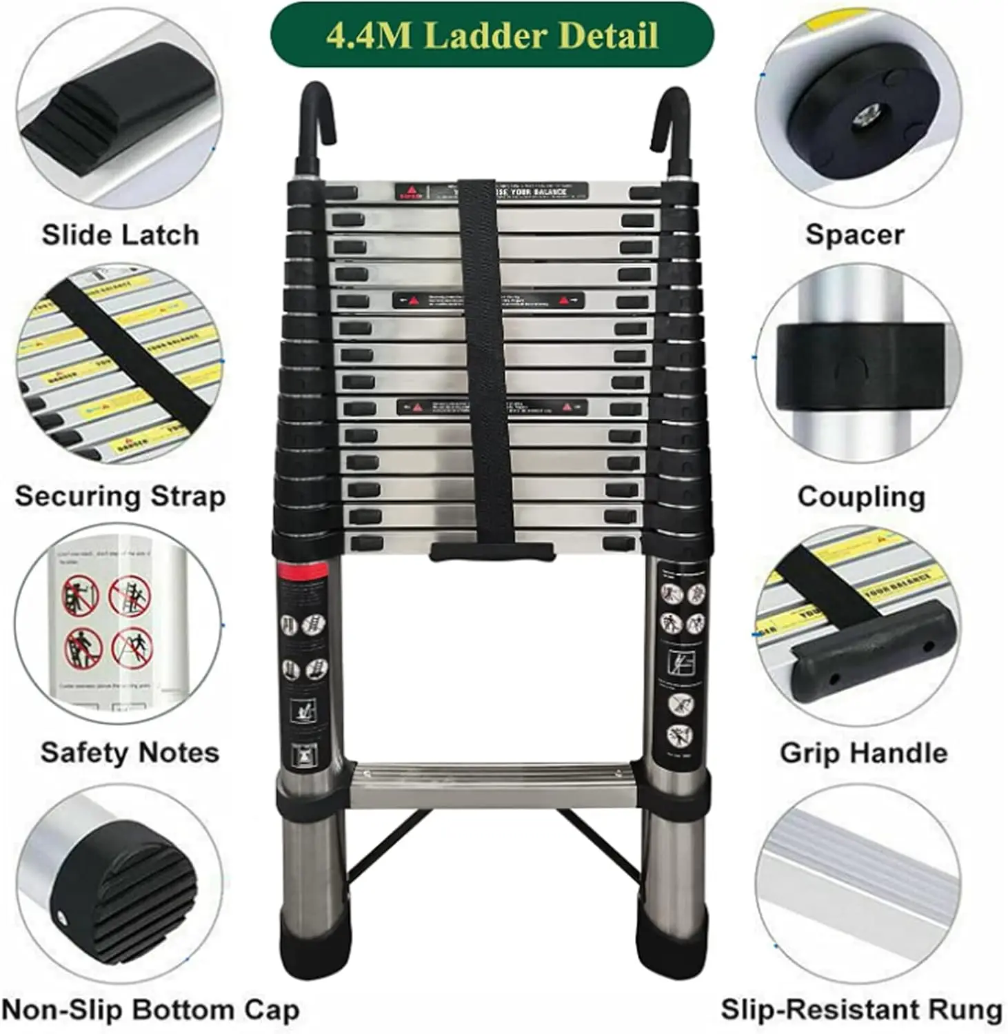 4.4M/14.4FT Telescopic Ladder with Hooks,Attic Ladders Stainless Steel 14 Steps, 330LBS Load, Muilti-Purpose Foldable&Extendable