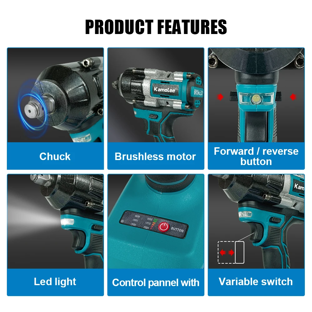 【2100N.m】Kamolee Electric Impact Wrench 2100 N.m High Torque 1/2 Inch Compatible With 18V Makita Battery