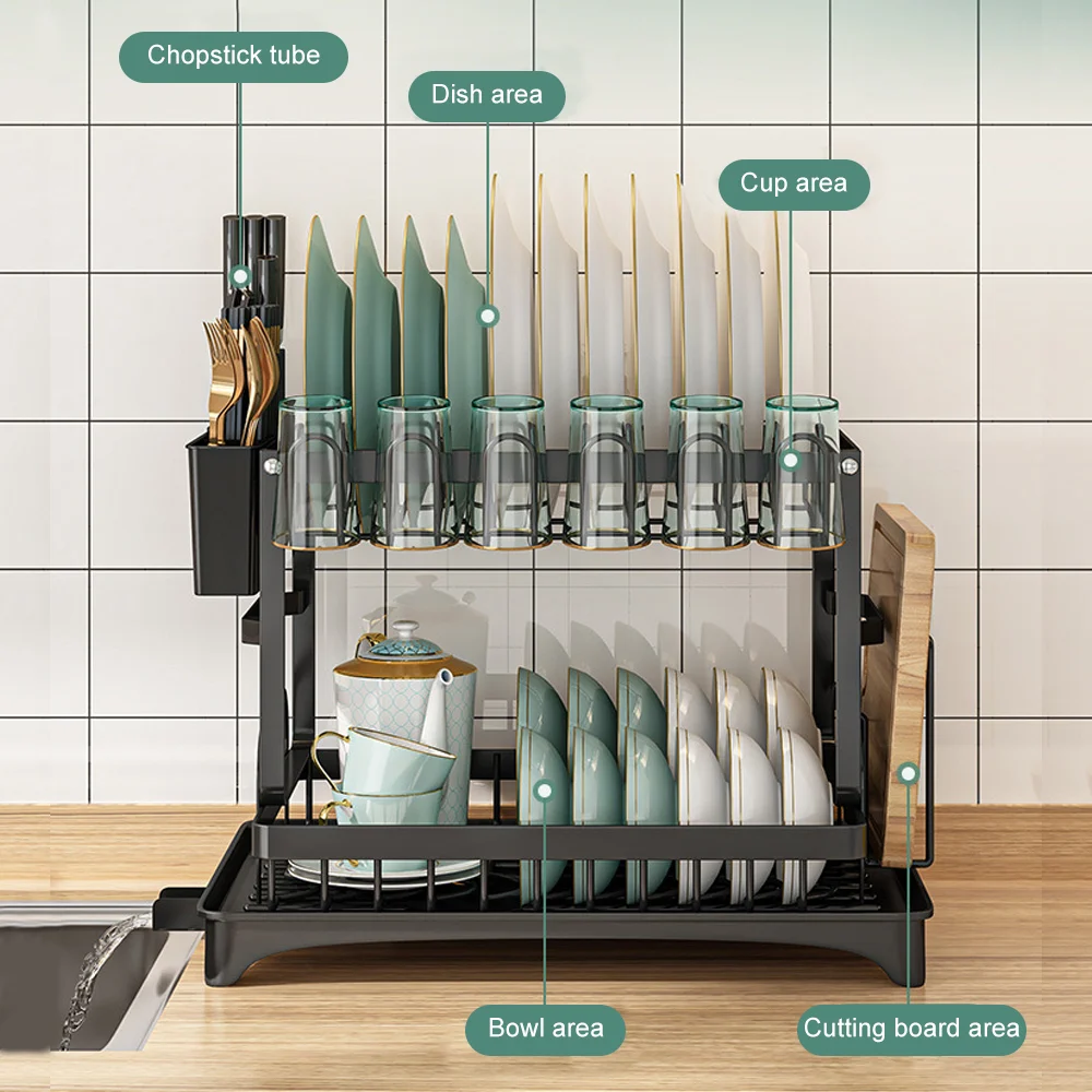 Dish Drying Rack Kitchen 2 Tier Plates Organizer Dish Bowl Drainer Storage Rack Kitchen Accessories