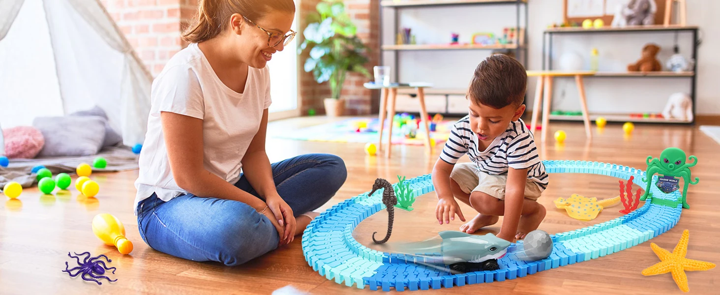 VATOS Track Toys-Shark Racing Cars Flexible Bendable with Ball Ocean Theme Train STEM Educational Playset Birthday Gift for kids