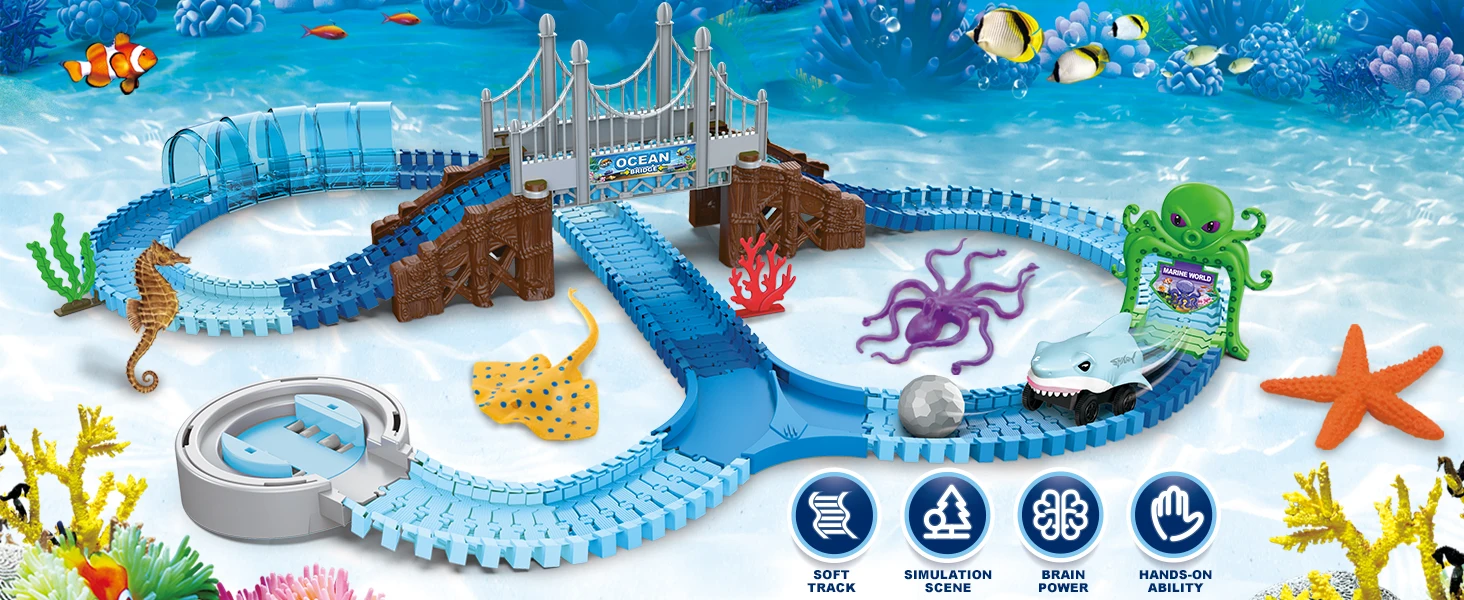 VATOS Track Toys-Shark Racing Cars Flexible Bendable with Ball Ocean Theme Train STEM Educational Playset Birthday Gift for kids