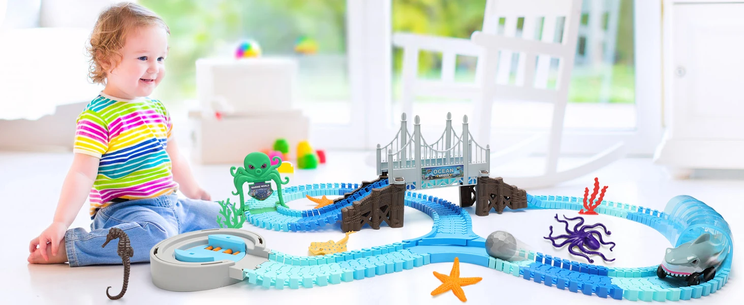 VATOS Track Toys-Shark Racing Cars Flexible Bendable with Ball Ocean Theme Train STEM Educational Playset Birthday Gift for kids