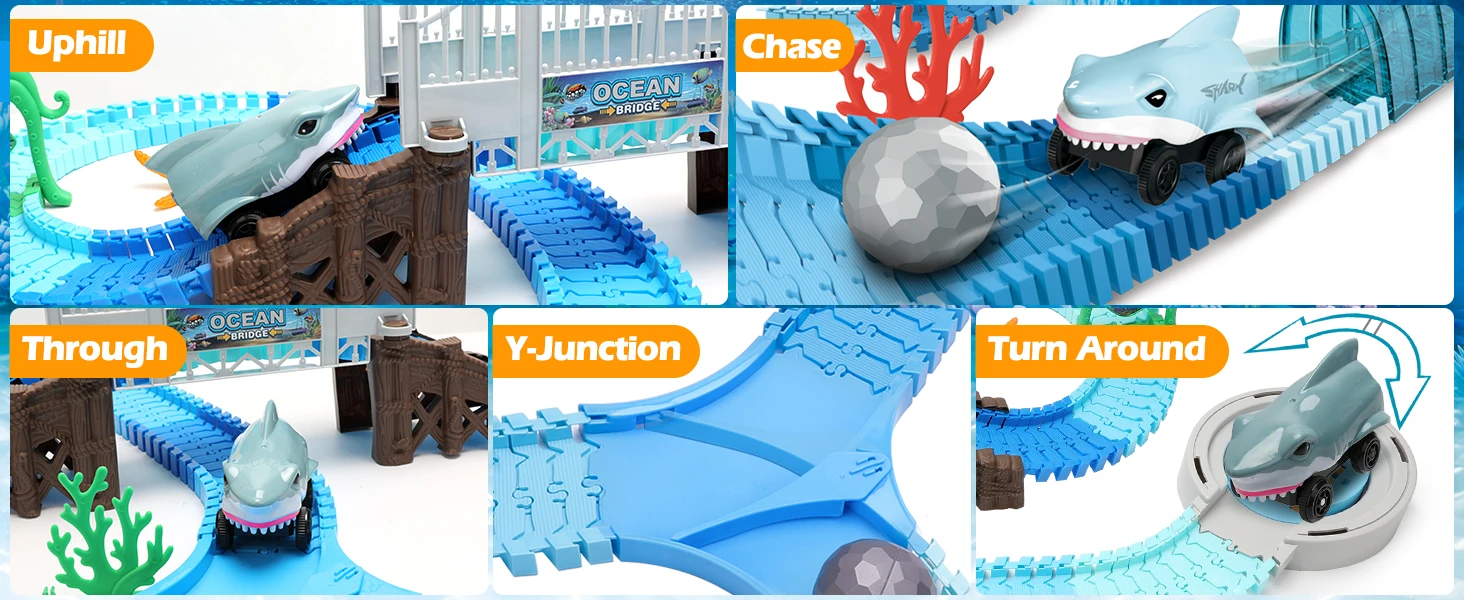 VATOS Track Toys-Shark Racing Cars Flexible Bendable with Ball Ocean Theme Train STEM Educational Playset Birthday Gift for kids