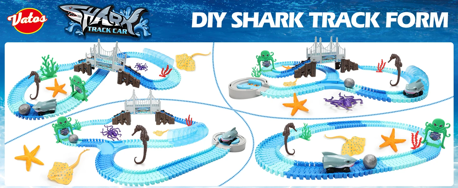 VATOS Track Toys-Shark Racing Cars Flexible Bendable with Ball Ocean Theme Train STEM Educational Playset Birthday Gift for kids