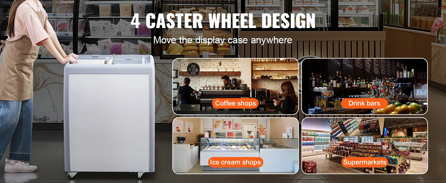 SucceBuy Commercial Ice Cream Display Case Chest Freezer Mobile Glass Top Deep Freezer Restaurant Gelato Dipping Cabinet