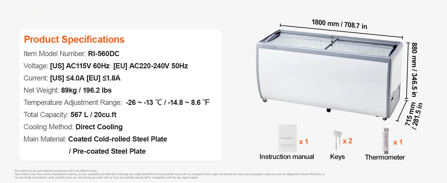 SucceBuy Commercial Ice Cream Display Case Chest Freezer Mobile Glass Top Deep Freezer Restaurant Gelato Dipping Cabinet